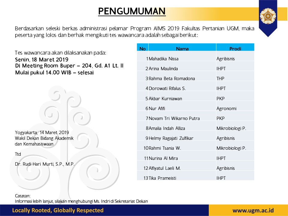 PENGUMUMAN TES WAWANCARA AIMS Fakultas Pertanian